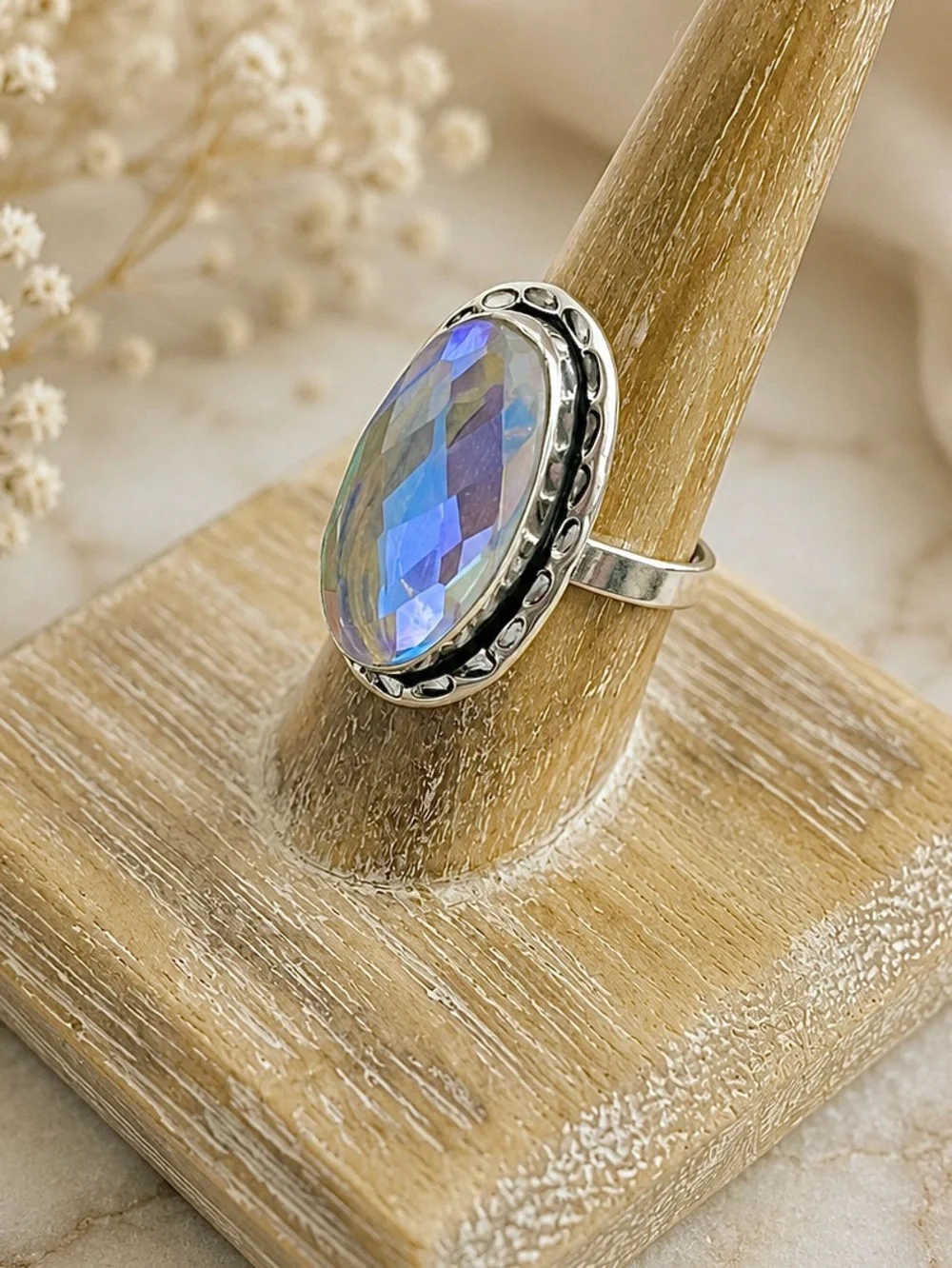 Faceted Aura Rainbow Topaz 925 Sterling Silver Ring Sz 8.5